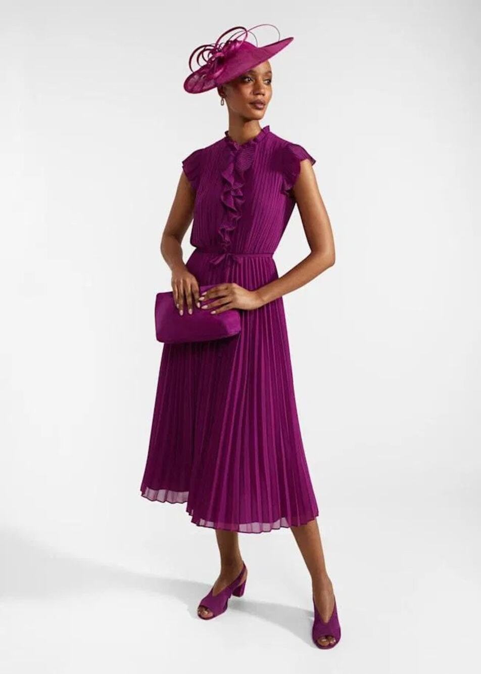 Hobbs Addison Pleated Midi Dress in Magenta Purple size 12P petite